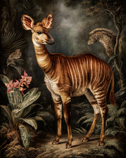 Okapi Standing Featuring Striped Markings in a Forest Realistic Art/328510090 picture