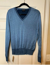 TOM FORD Men's Blue Silk Knit V-Neck Long Sleeve Pullover Sweater M picture