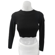 Zara Women's Black Long Sleeve Crew Neck Ribbed Knit Sweater Crop Top Size S picture