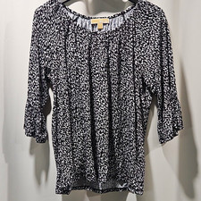 MICHAEL Michael Kors Women's 1X Abstract Blouse Black White 3/4 Flared Scoop picture