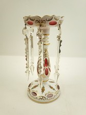 Antique Bohemian Glass Mantel Luster Ruby Red & White Glass w/ Prisms 10
