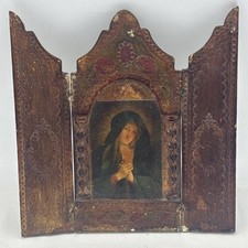 Vintage Italian Virgin Mary Triptych Icon 6.5” Painted Wood Made in Italy picture