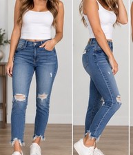 Judy Blue Women’s Skinny Slim Fit Jeans Medium Wash Blue Distressed Raw Hem NWT picture