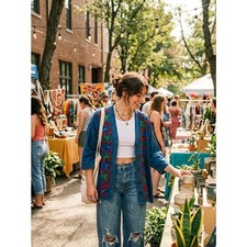 Sacred Threads Embroidered Denim Shirt Boho Cottagecore Floral Blouse s/m picture