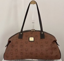 MCM Choco Brown Visetos Monogram Duffle Weekender Travel Dome Satchel Bag Rare picture