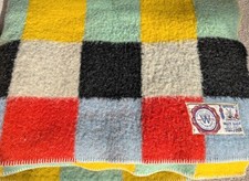 VTG 50s Van Wijk Leiden Wool Blanket Color Block Holland Throw 74x50 Blue Red Gr picture
