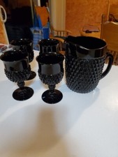 Tiara Cameo Black Diamond Point Vintage Glass Water Goblets Set of 4 and Pitcher picture