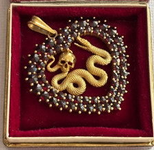 Ant. Edwardian Memento Mori Skull Snake Silver Gilded Garnets Heart Pendant picture
