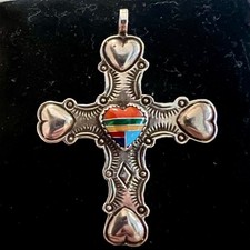 Vintage Navajo Sterling Silver Cross Pendant With Multi Stone Inlay 2.25