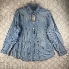 Chico's All Over Glitz Denim Doni Top Women 1 M Light Wash New Rhinestone Shirt picture