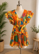 NWT Fate Tropical Floral Flutter Sleeve Wrap Romper Orange Boho Resort Size S picture