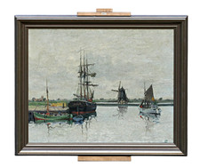 Jens Sinding Christensen (1888–1980) Port Sailing Ships Oil Canvas Signed picture