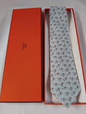 Hermes Paris Grey Horse Patterned Silk Necktie Made In France picture