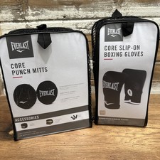 EVERLAST NEW Core Slip-On Boxing Gloves & Punch Mitts NIB BLACK & White 4 Pc Set picture