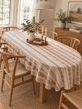 Vintage Scandinavian Woven Oval Tablecloth 4 Napkins Brown Beige 84x55 Linen picture