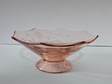 Vtg Pink Depression Glass Octagon Footed Bowl Compote Etched Floral Centerpiece picture