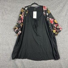 BloomChic Tunic Top Womens 28 Black Floral Sheer Sleeve Tie Neck Plus Size picture