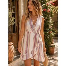 Rails Madison Jewel Stripe Linen Wrap Ruffle Mini Dress Metallic Medium M picture