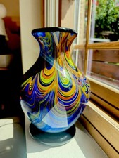 Murano FENICIO Multicolor Pulled Feather Cased Art Glass Vase Italy 9.75” 4 Lbs picture