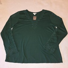 J. Jill Scots Pine Green Embroidered V-Neck Long Sleeve Top NWT Size M picture