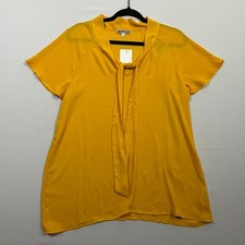 Pleione Blouse Tie Neck Short Sleeve Mustard Yellow Office Career Womens Size M picture