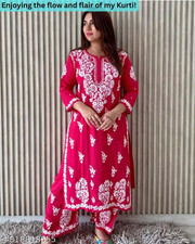 Curvique Women's Pink Chikankari Rayon Kurta Palazzo Set M-8XL Ethnic Wear picture