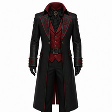 Men Victorian Gothic Vampire Leather Coat Red Embroidered Steampunk Trench Coat picture