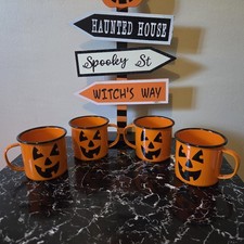 VINTAGE MIDWEST ORANGE ENAMEL HALLOWEEN JACK-O-LANTERN 4 TIN  PUMPKIN MUGS CUPS  picture