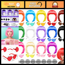 14 Pcs Colorful Bob Wigs Set with Heart Glasses - Neon Party Costume Accessories picture