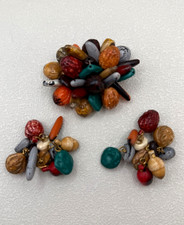 Vintage West Germany Brooch and Earrings Set Fruit Nuts Fall Harvest Autumn  picture
