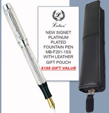 Laban Platinum Plated Lined Pattern Signet Fountain Pen Med Nib & Leather Pouch picture