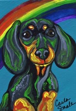 ACEO Original Miniature Painting Rainbow Dachshund Doxie Pet Dog Art -C. Smale picture