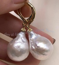 Huge 15-20mm South Sea White Keshi Baroque Pearl Dangle Earrings 14K Yellow Gold picture