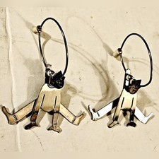 90s 3D layered articulating quirky man  jumping silver tone hoop earrings picture