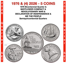 ONE 1976 Bicentennial and FOUR 2026 Semiquincentennial Quarters 5 COIN SET picture