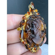 Vintage Cameo Brooch Pendant Rootbeer Rhinestone Ornate Women picture