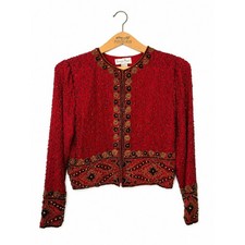 Laurence Kazar 100% Silk Beaded Cardigan Jacket Red Holiday Vintage 80s Cocktail picture