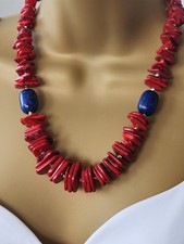 Women Red Buffalo Turquoise & Lapis Necklace , Rustic Boho Chic Beaded Gemstone picture