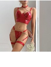 Women Sexy PU Lingerie Set Bra Garter Belt Underwear Nightwear Set Bodysuit picture