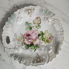 Antique Irridescent Hand Painted Lusterware Roses Gold Handled Bowl Dish Germany picture