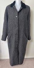 VTG LL Bean Wool Houndstooth Coat Long Suede Leather Collar Womens Medium Gray picture