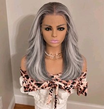 HD Lace Front Wig Silver Gray White Natural Long Straight Human Hair Blend picture