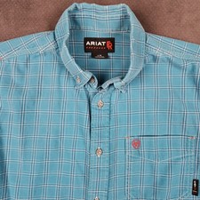 Ariat FR Work Shirt Mens Large Teal Blue White Plaid Flame Resistant 10023959 picture