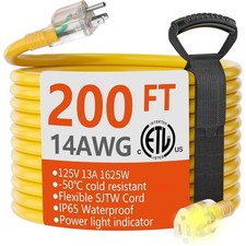 14 Gauge Heavy Duty Waterproof Outdoor Extension Cord 200 FT Yellow 14/3 picture