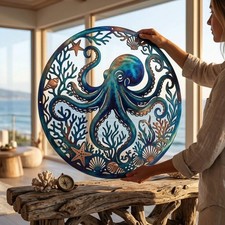 Handcrafted Octopus Metal Wall Art, Flame Colored Coastal Decor picture