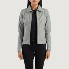 Women’s Genuine Leather Jacket Grey Classic Biker Moto Lambskin Slim Fit picture