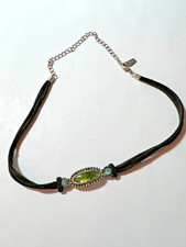 VTG 1928 Jewelry Co Y2K Black Cord Choker Ornate Silver Green Marquise Necklace picture