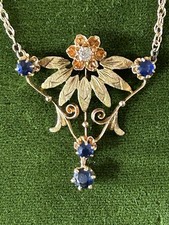 Diamond Sapphire 14K Gold Antique Art Nouveau Edwardian Necklace picture