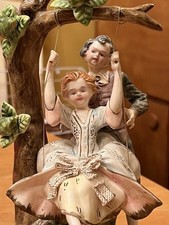 Antique Italian Capodimonte Porcelain Boy Girl On Swing Large Figure Trademark picture