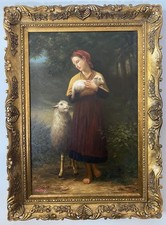 Very large oil painting -A woman holding a baby lamb - Hand Carved ornate frame picture